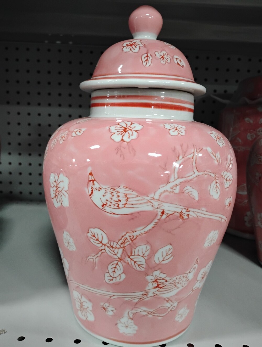 New Pink Floral Bird Porcelain Ginger Jar - Unbranded